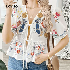 Lovito Floral Férias Blusa com Laço em Flores para Primavera/verão para Mulheres Bordado L170ED153