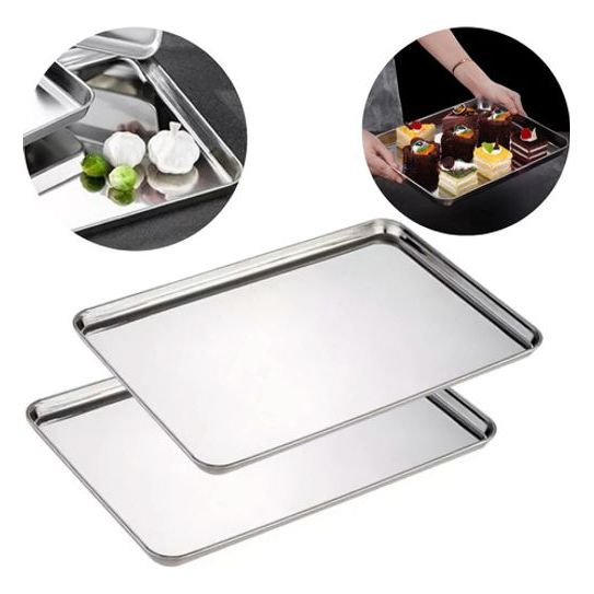 6 Bandeja Assadeira Retangular Lisa Aço Inox 304 Baixa 40,5 x 30,5cm Servir Assar Rasa Travessa