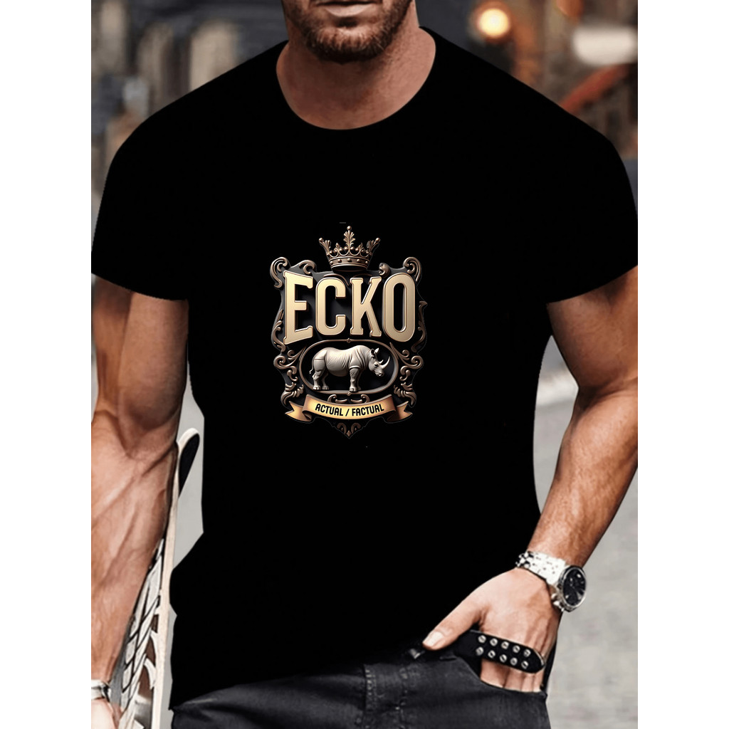 Camiseta Masculina Feminina Oversized Estampa Ecko Rinoceronte Emblema Vintage Arte Dourada Streetwear T‑shirt Casual