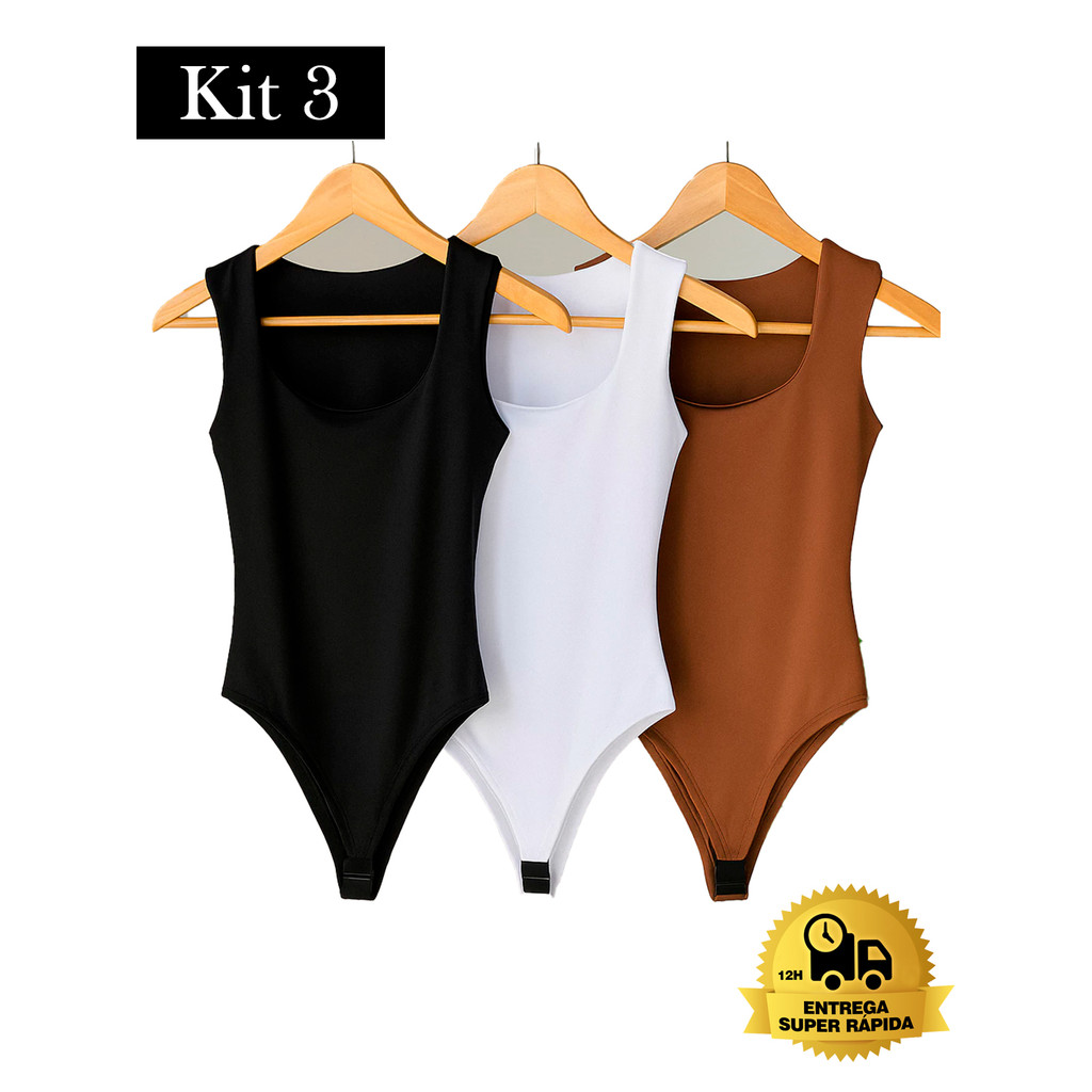 3 Body Sem Manga Feminino Liso Decote Quadrado Regata Alça Larga Fecho Duplo