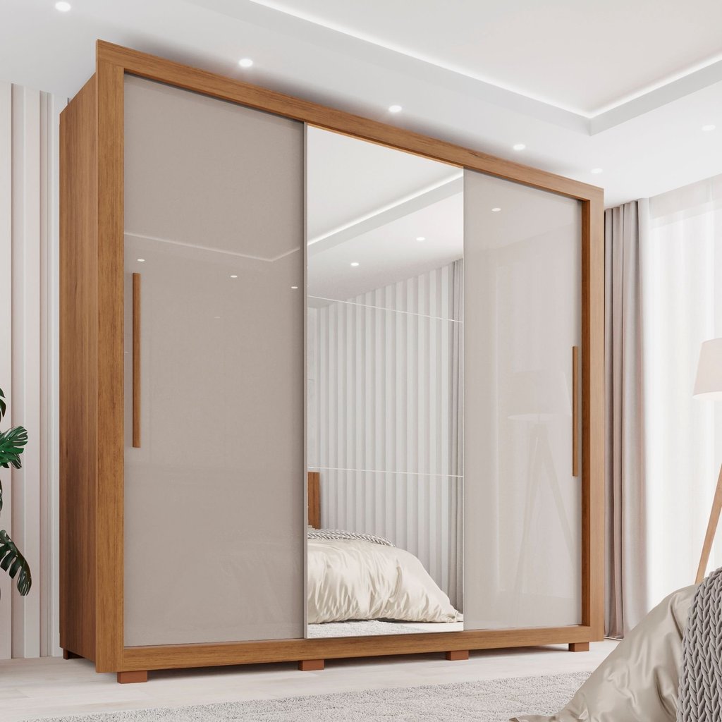 Guarda-roupa Casal com Espelho 3 Portas 4 Gavetas Costa Rica Cinamomo/Off-White em Oferta na Shopee