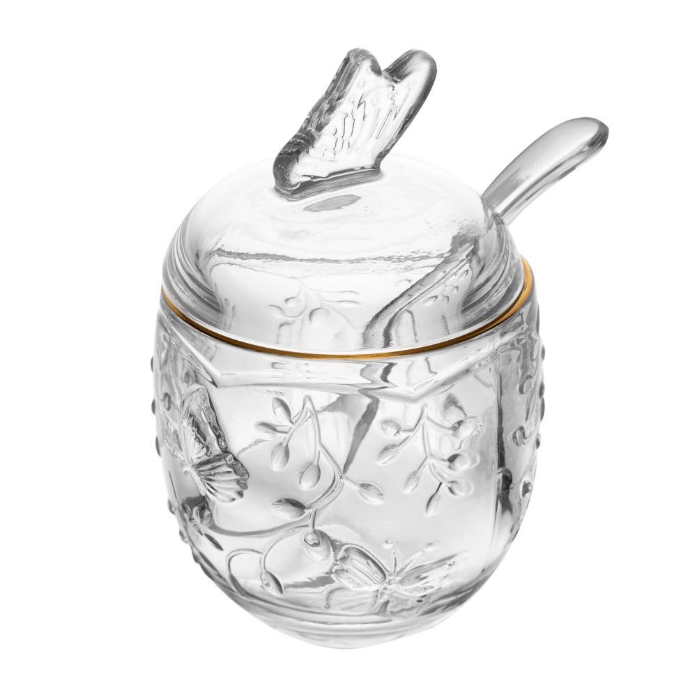 Açucareiro New Butterfly 250ml Cristal Ecológico Lyor com Colher e Fio de Ouro para Açúcar Adoçante Mesa Posta Café Lar