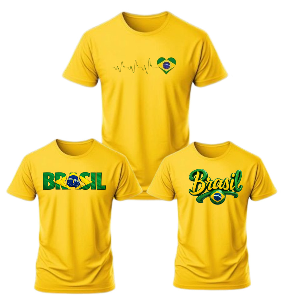 Kit 3 Camisetas brasil copa do mundo  100% Algodão Básica  Gola Redonda