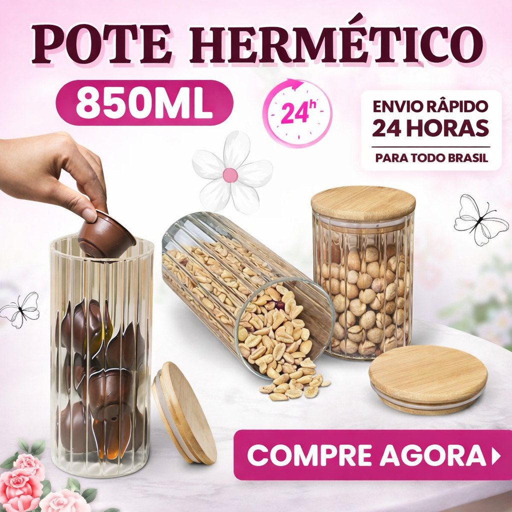 1 Pote De Vidro para Mantimentos com Tampa Bambu Pote Para Temperos Pote Hermético 850Ml