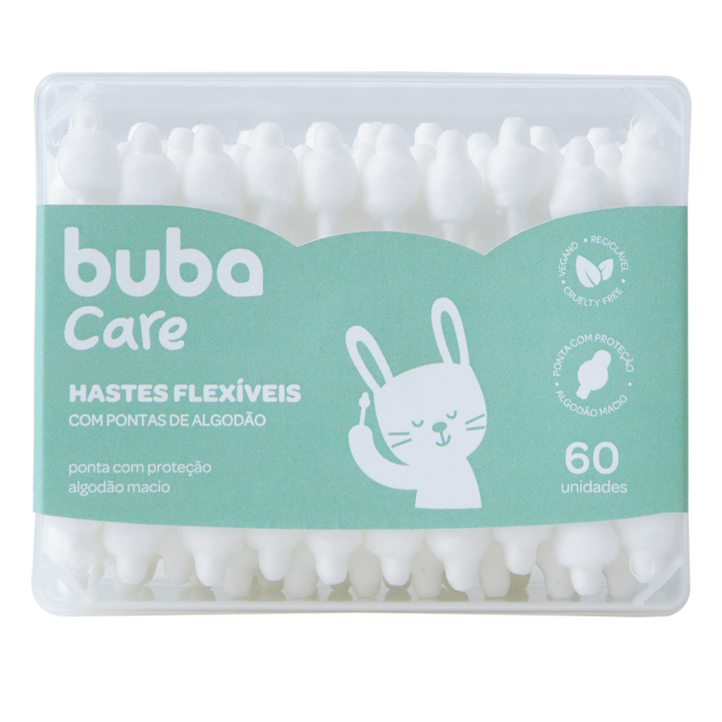 Kit 60 Cotonetes Hastes Flexíveis Buba Bebê Ponta Proteção 100% atóxico