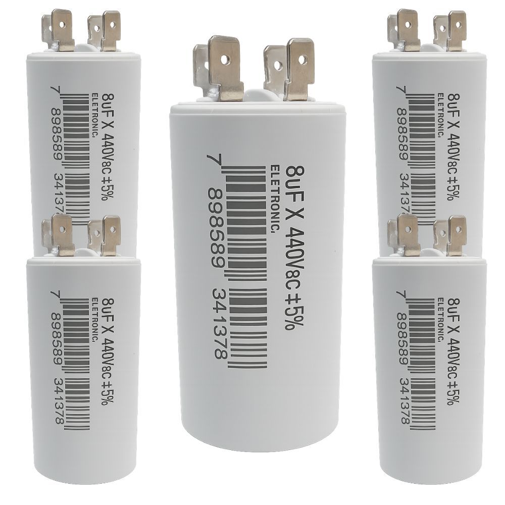 KIT 5 CAPACITOR 8uF 440V PERMANENTE METALIZADO C/ TERMINAL USO GERAL