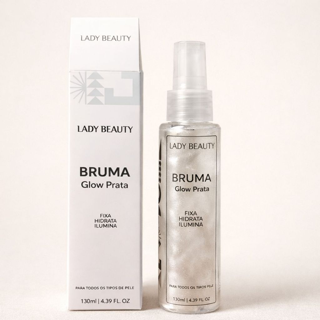 Bruma Facial Glow Prata Lady Beauty Iluminadora Fixadora de Maquiagem Brilho Suave Uso Profissional Bruma Facial Glow Prata Lady Beauty Iluminadora Fixadora de Maquiagem Brilho Suave Uso Profissional