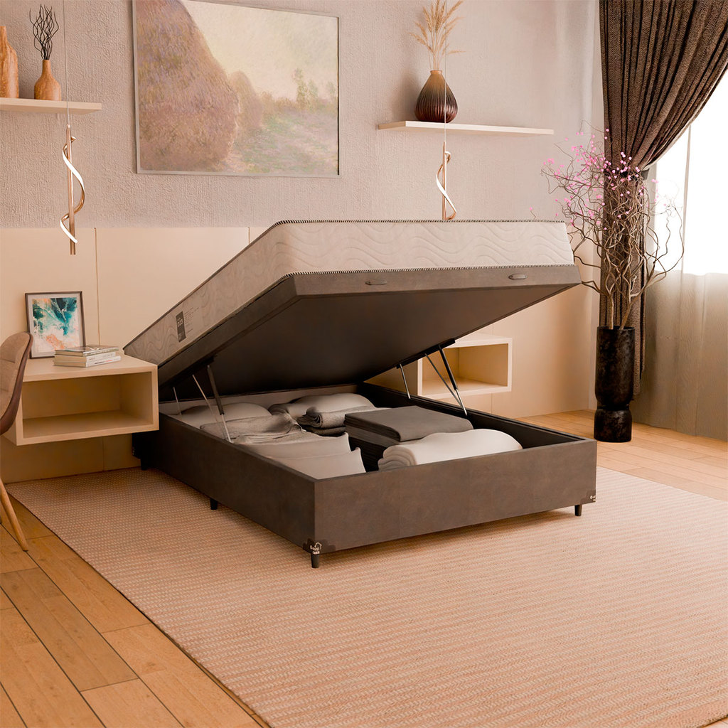 Baú Casal Suede Cinza + Colchão D33 One Face Branco- e-Shop Casa em Oferta na Shopee