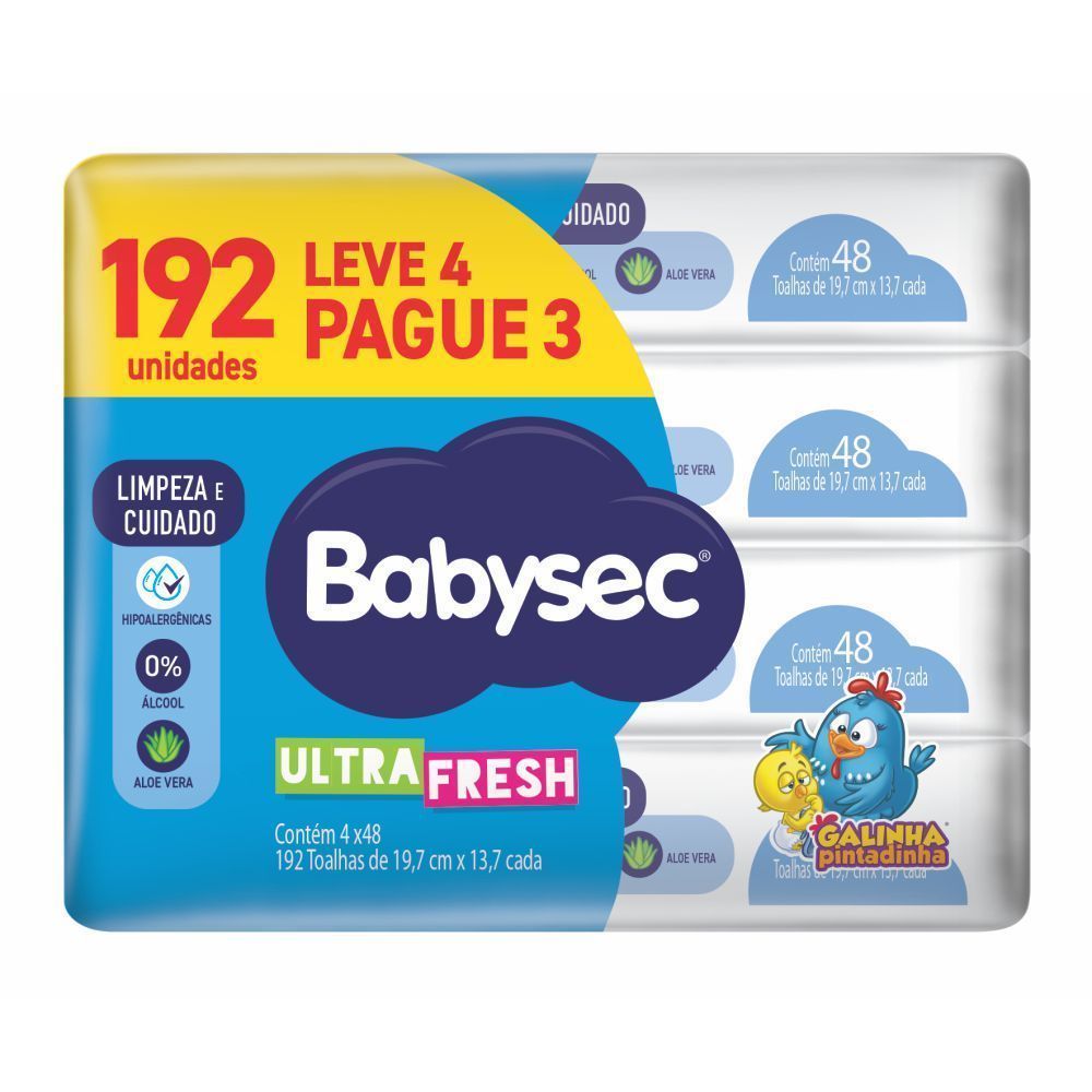 1 Pack com 4 Pacotes Internos BabySec Toalhas Umedecidas 48 Folhas – Textura macia que não irrita a pele em Oferta na Shopee