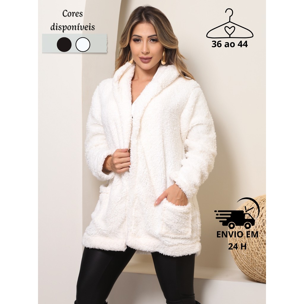 Casaco Teddy Feminino De Inverno Capuz e Bolsos Laterais /Blusa de Pelo com Capuz/ Moda Inverno /Sobretudo