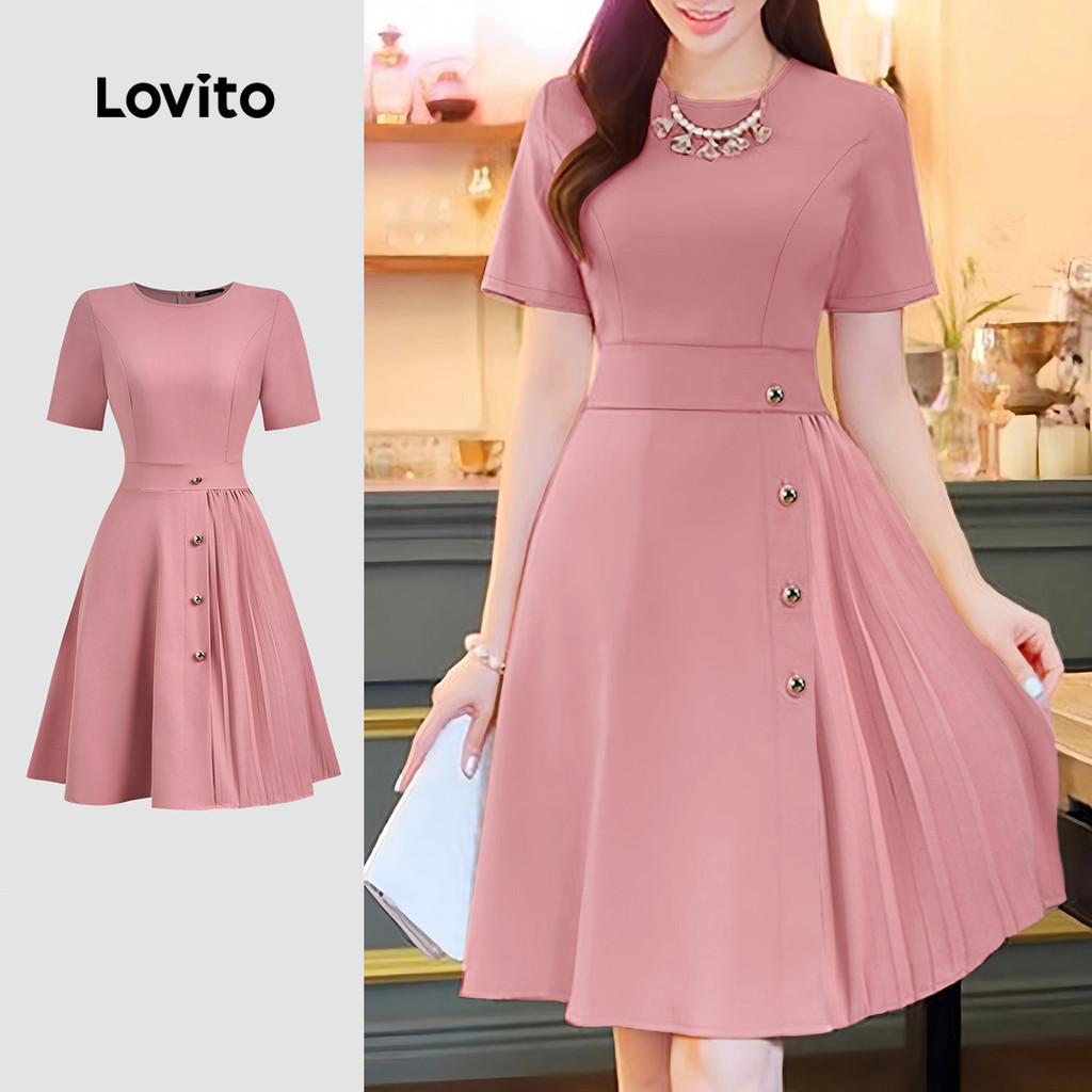 (Elegante) Lovito Vestido Plissado Falso 2 em 1 Primavera/verão Rosa para Mulheres L178ED2145