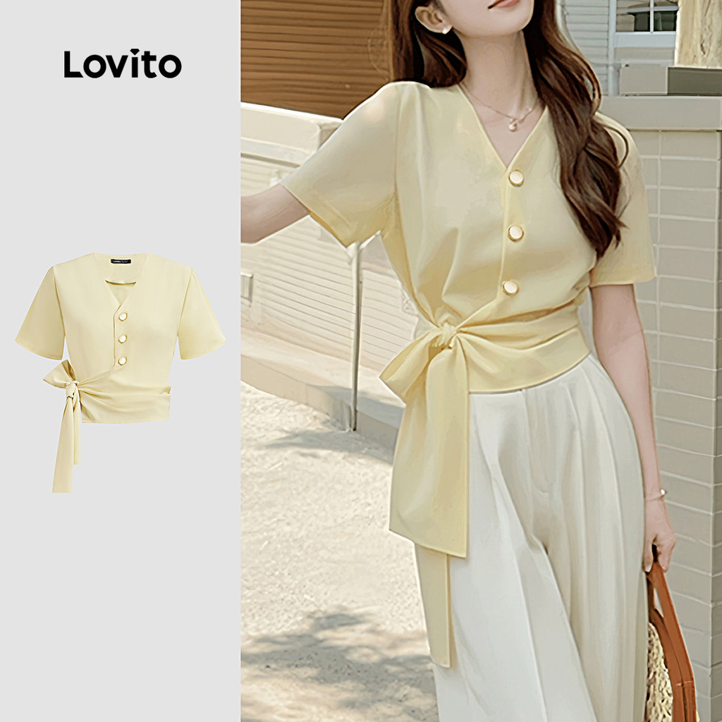 Lovito Blusa Casual Com Cadarço E Botão De Laço Blusa De Verão/Primavera Para Mulheres L129AD1033