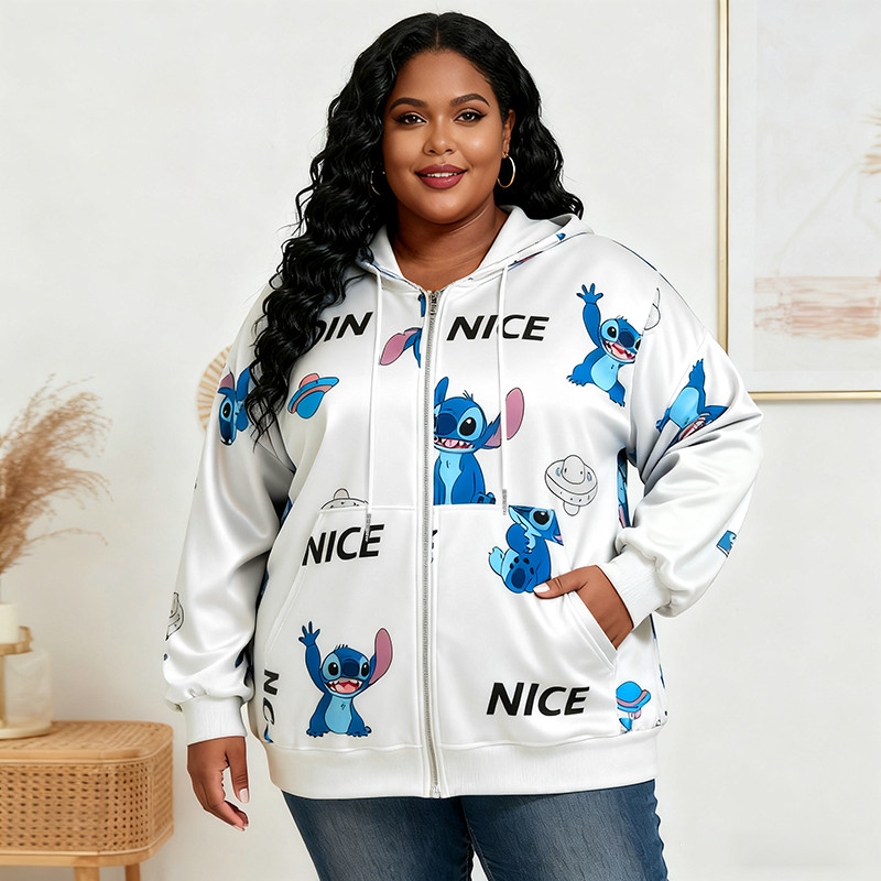 [Moletom Grande] (40-150kg) Feminino Plus Size Estampa Completa Com Zíper Leve Capuz Hiphop Estilo Rua Americano