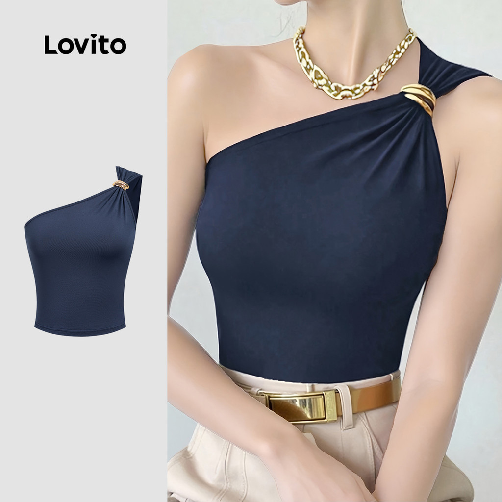 Lovito  Casual Top Top Assimétrico com Fivela de Metal Azul Marinho para mulheres L177ADD129 em Oferta na Shopee