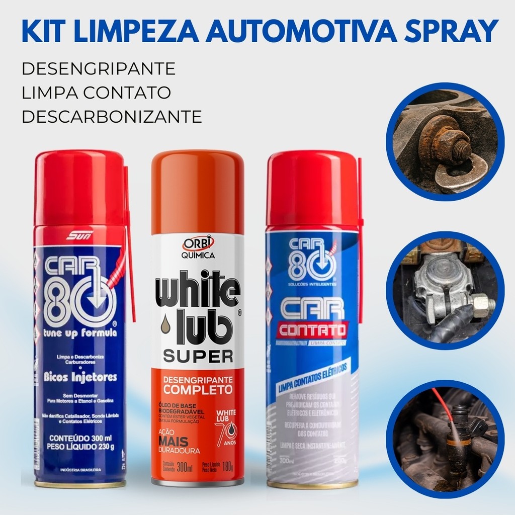 Kit Spray Automotivo Desengripante e Descarbonizante Car80 e Desengripante White Lub Super 3 em 1
