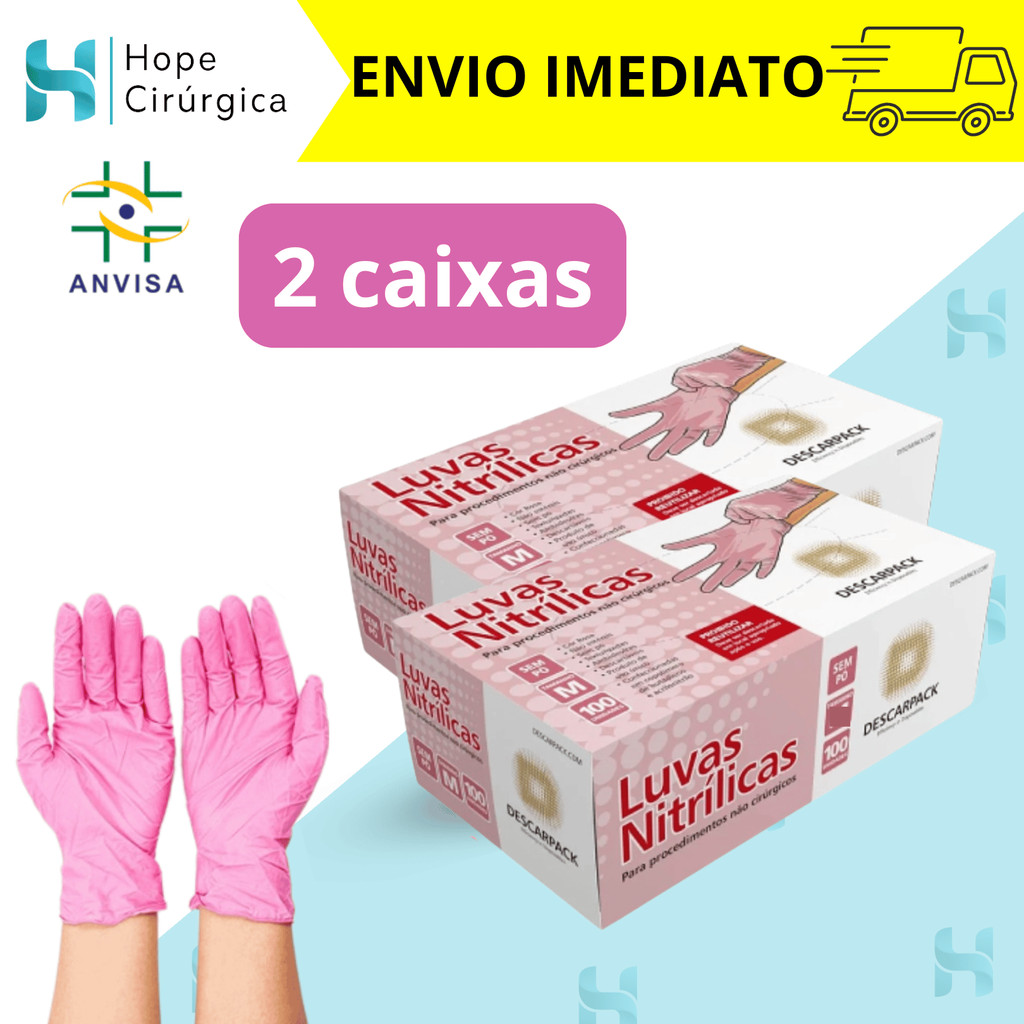 Kit 2 Caixas Luva Nitrílica Rosa Descartável Sem Pó Resistente
