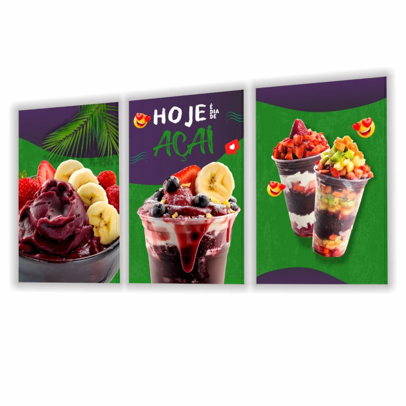 QUADROS DECORATIVOS AÇAI SORVETERIA COMIDA GELADO SORVETE DOCES LANCHONETE 3 PEÇAS DECORAÇÃO MDF