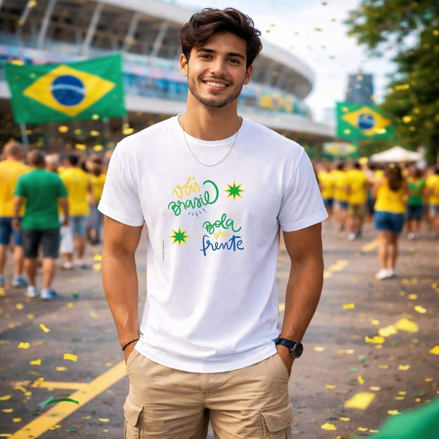 Camiseta Masculina 100% Algodão Estampada Frase Vai Brasil Bola Pra Frente  Futebol Copa do Mundo Torcida