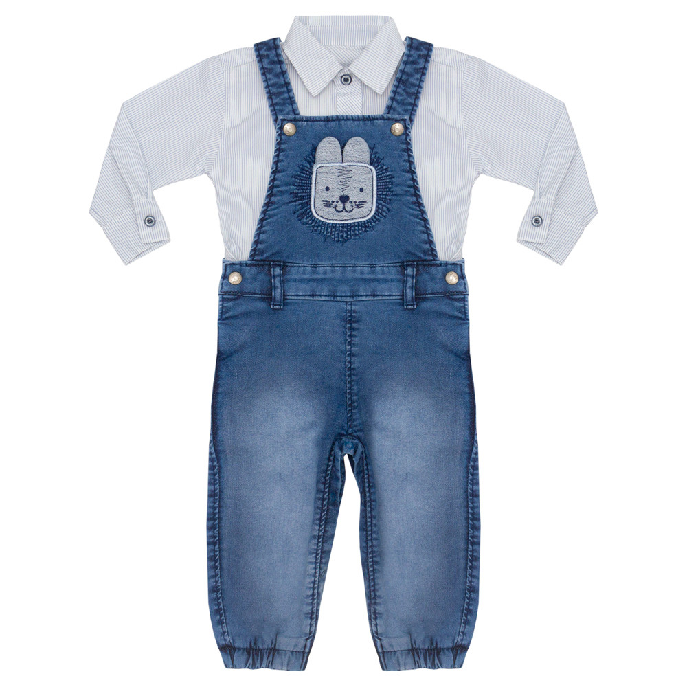 Jardineira Jeans Infantil Look Jeans c/ Camisa Listrada
