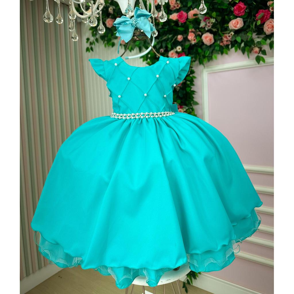 Vestido Infantil Menina Verde Tiffany Peito Perola Luxo Formatura Casamento Aniversario Festa