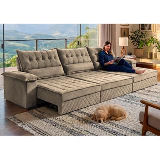 Sofá Retrátil e Reclinável 3,90m com Molas e Espuma D33 Thunder Velusoft Bege Cama inBox em Oferta na Shopee