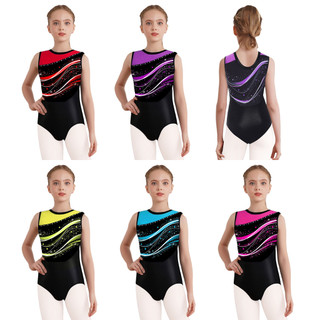 inhzoy Crianças Meninas Elegante Impressão Ginástica Dança Collant Em Torno Do Pescoço Sem Mangas Retalhos Bodysuit Para
