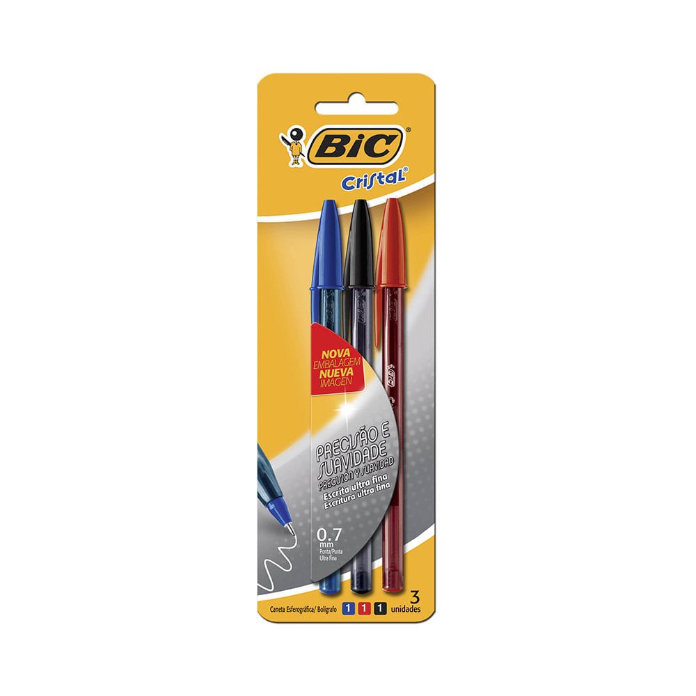 Caneta Esferográfica Bic Cristal Extra Fina 0.7mm Azul, Preta e Vermelha com 3 Unidades em Oferta na Shopee
