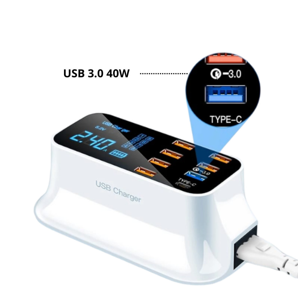 Carregador Usb Fast Charger 8 Portas Inteligente De Bancada Amperimetro Hub