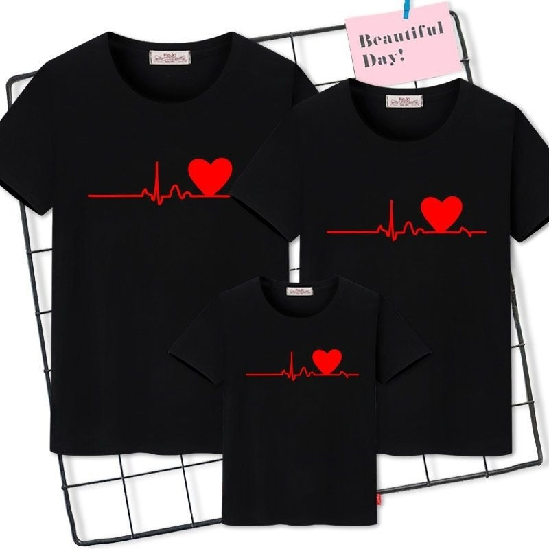 Kit 3 Camisetas Familia Tal Mãe Pai Filho Filha Batimentos Cardíaco Coração Preto