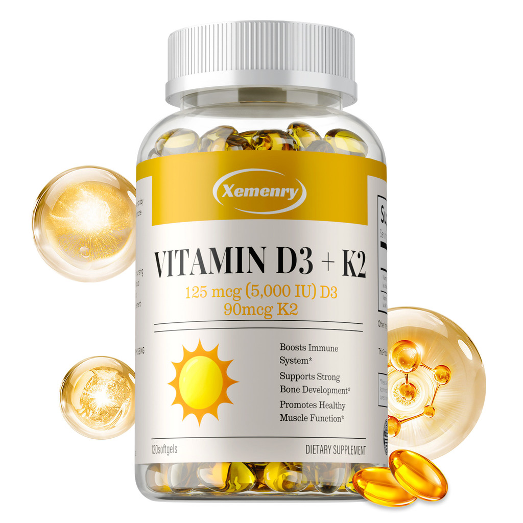 XEMENRY contains a blend of Vitamin D3 and K2 - 30/60/120 capsules, suitable for adults, gluten-free.