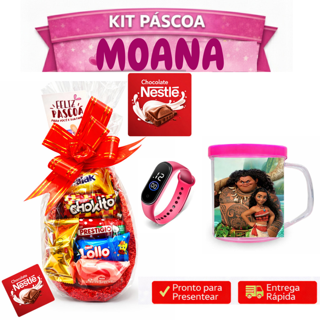 Ovo de Páscoa MOANA – Nestlé – Recheado com Bombons + Copo da Moana + Relógio Digital Infantil
