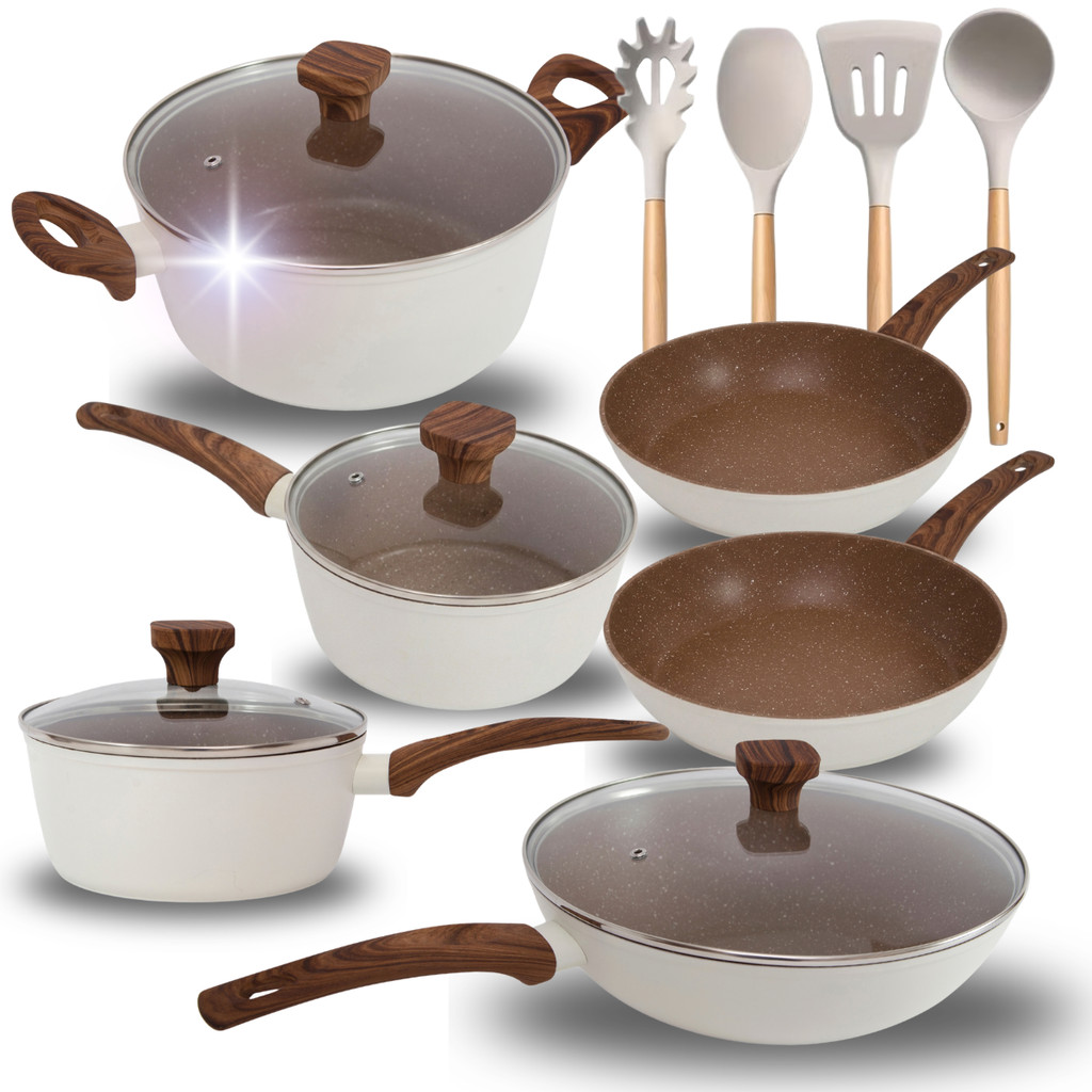 Kit Jogo de Panelas Indução 10 Peças Revestido em Cerâmica Creme Chocolate Antiaderente Frigideira Caçarola em Oferta na Shopee