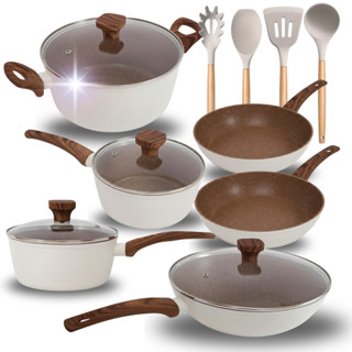 Kit Jogo de Panelas Indução 10 Peças Revestido em Cerâmica Creme Chocolate Antiaderente Frigideira Caçarola em Oferta na Shopee