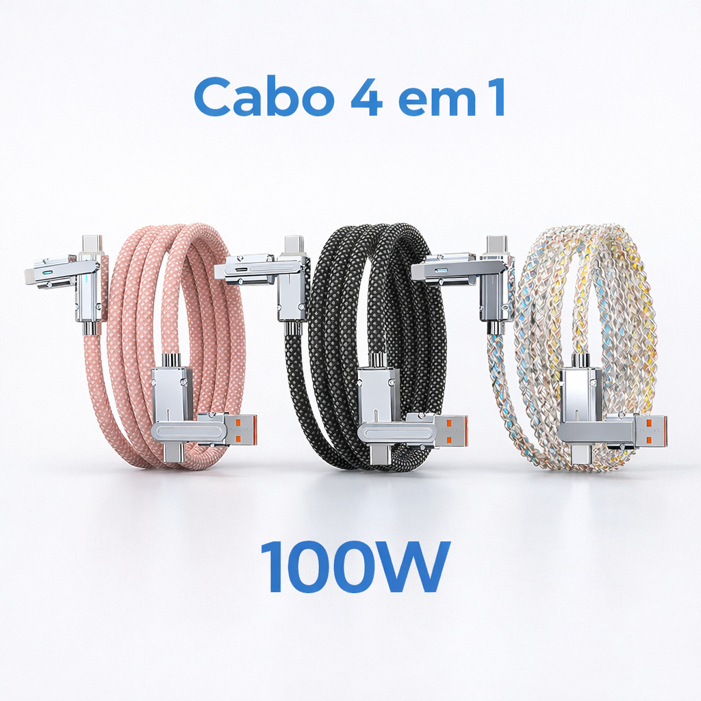 Cabo de Carregamento 100W Ultra Rápido 4 Em 1 Celular 480 MPS Type-C Lightning USB Android Apple