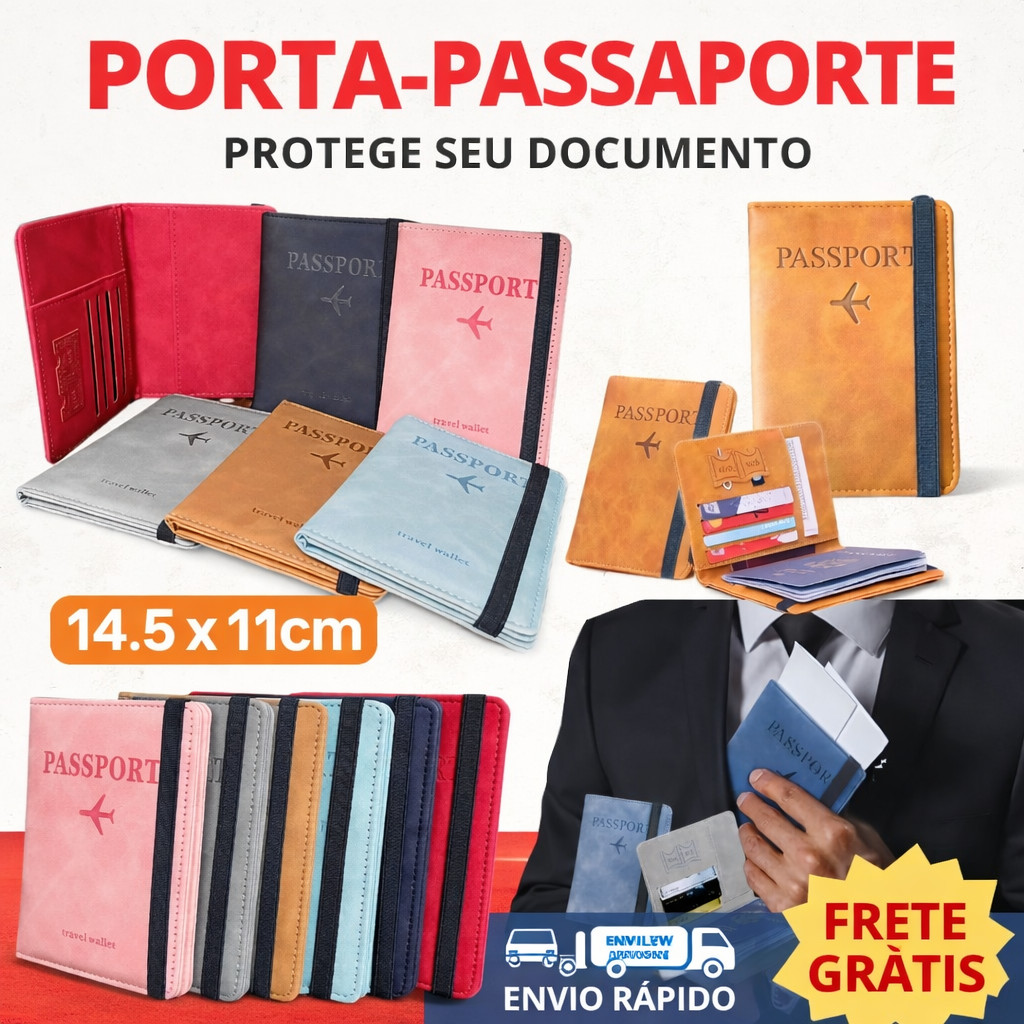 Imagem Carteira passaporte e cartões Porta-Passaporte Viagem documentos Bilhetes Organizador Couro PU