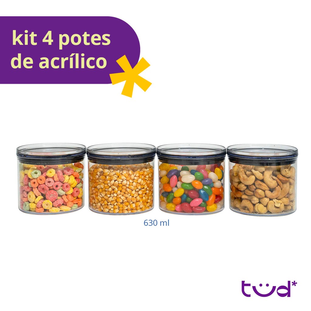 Kit de 4 potes de acrílico 630ml com tampa herméticos - Tüd — imagem 2 de 2