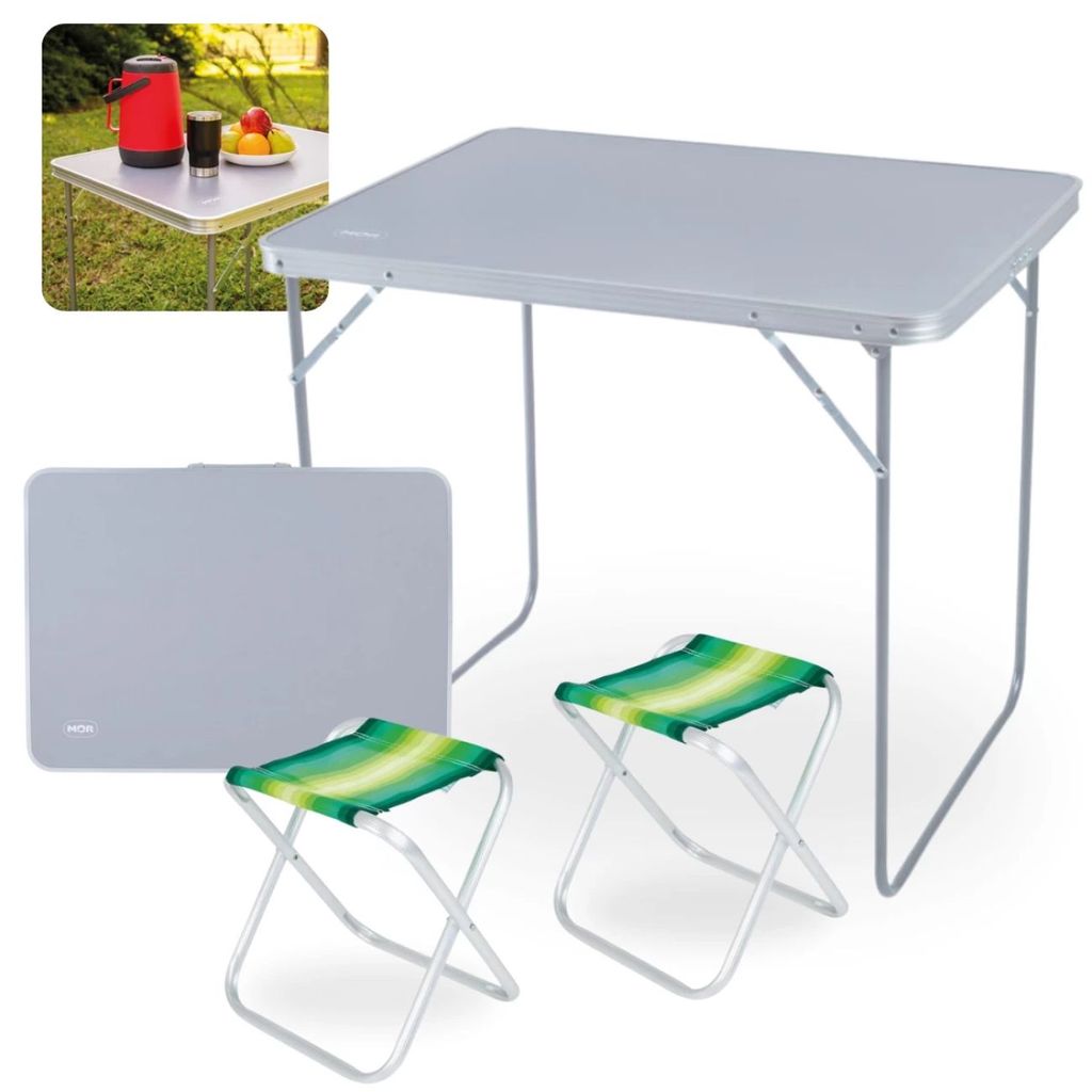 Kit Mesa Dobrável Portátil com Alça 80 Cm + 2 Banquetas Dobraveis em Aluminio para Pesca Camping e Praia