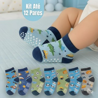 Kit 12 Pares de Meias Bebê Menino Antiderrapantes Algodão Confortáveis 0–24 Meses Infantil em Oferta na Shopee