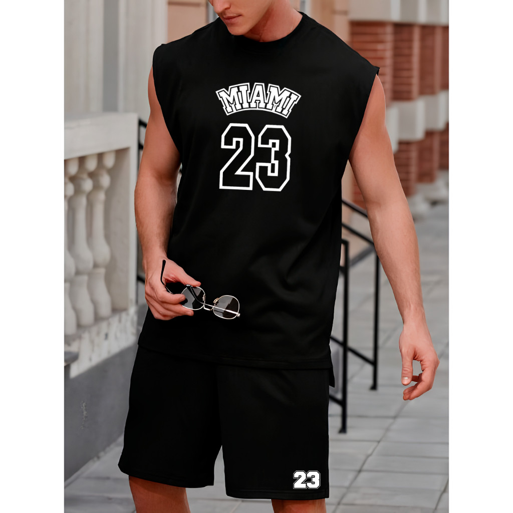 Kit Camiseta Cavada Estampada + Bermuda Moletom Oversized Masculino Casual Streetwear Estiloso Regata