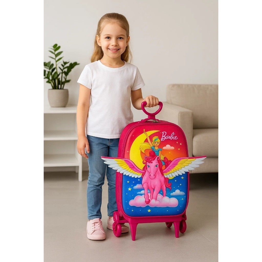 Mala Infantil Barbie Rodinha Mochila Personagem Rosa Bolsa Bagagem Viagem Levar Material