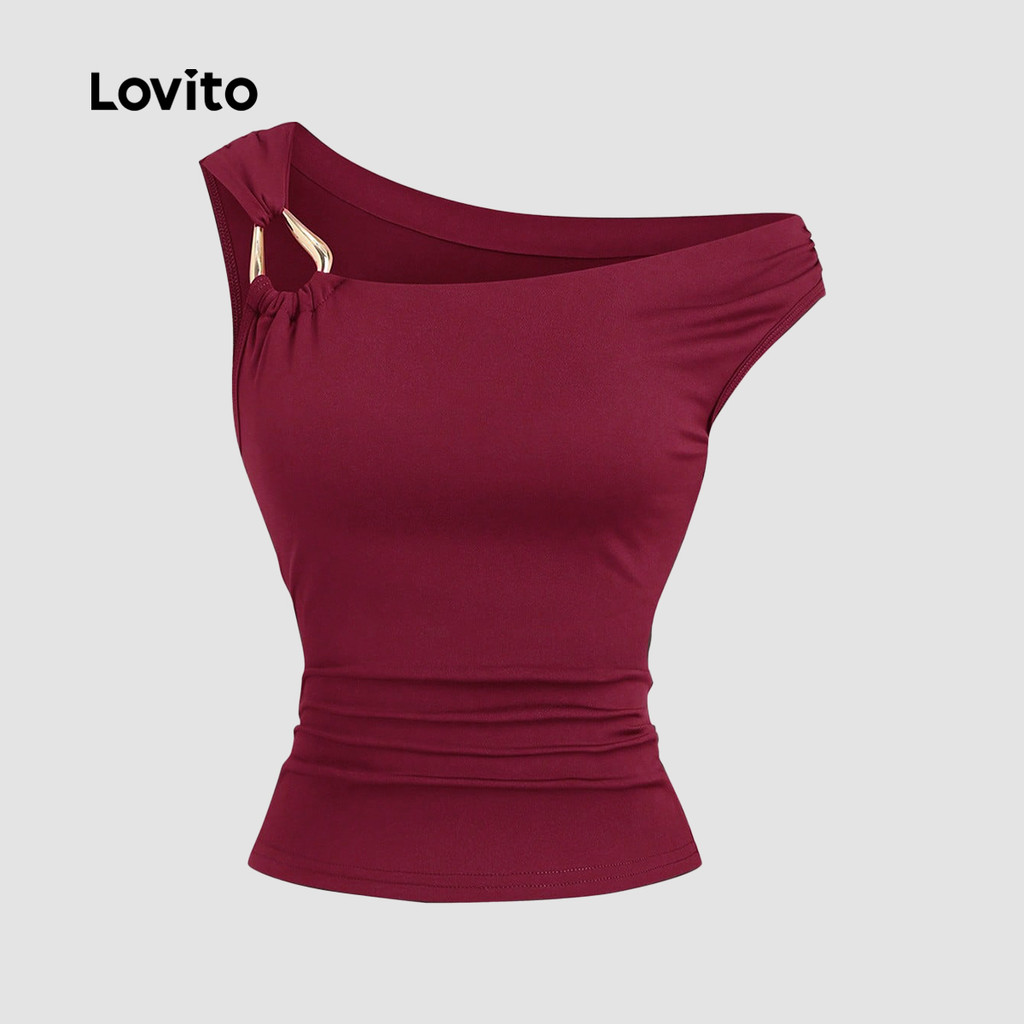 Lovito  Camiseta Casual Assimetria Fivela Metálica Franzida Primavera/verão Borgonha para Mulheres L178ED2125 em Oferta na Shopee