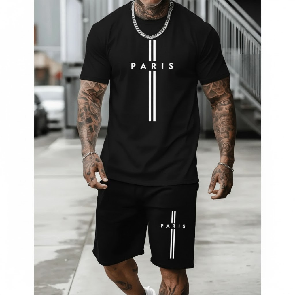 Kit Conjunto Camiseta Masculina Shorts Tectel Estampada Paris Confortavel Dia Dia Lazer Academia Estilosa Envio Imediato