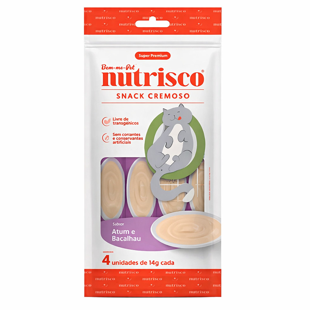Petisco Snack Cremoso para Gatos Sabor Atum e Bacalhau 4x14g - Nutrisco - Delicioso e Nutritivo