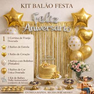 Kit Balão Metalizado Cortina Bexiga Feliz Aniversário Decoração de Festa Completa em Oferta na Shopee