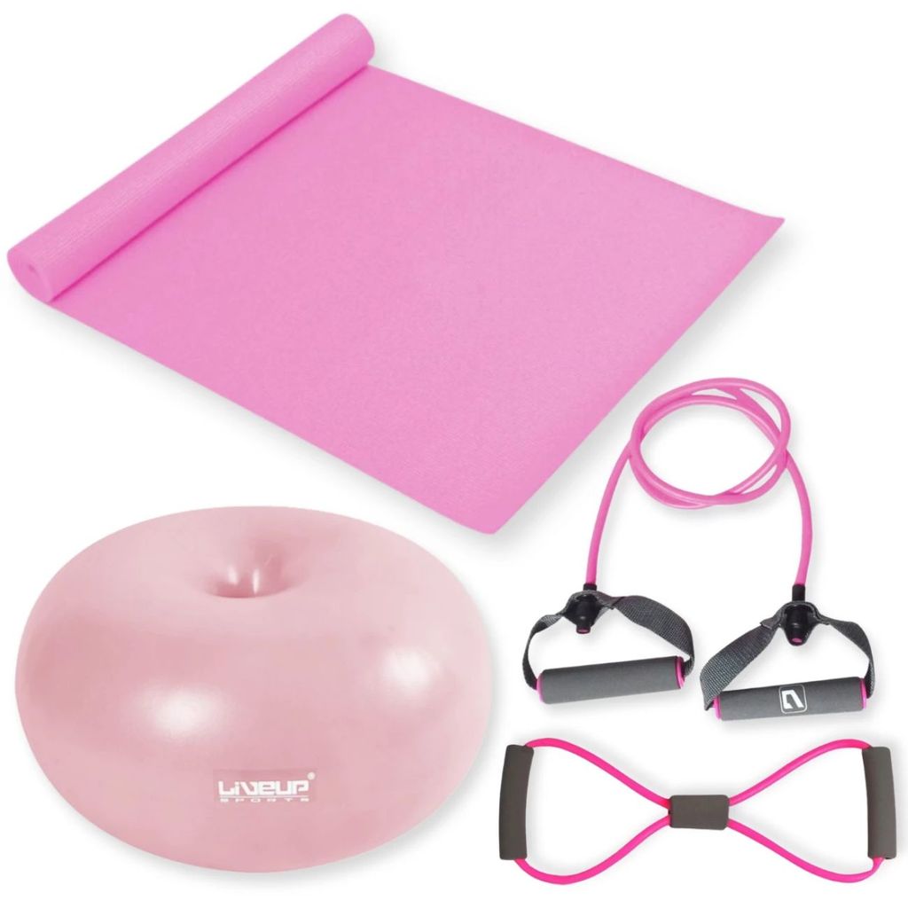 Kit Fitness Bola Donut 45cm Rosa + Elásticos Tensão Leve + Colchonete Exercícios Treino