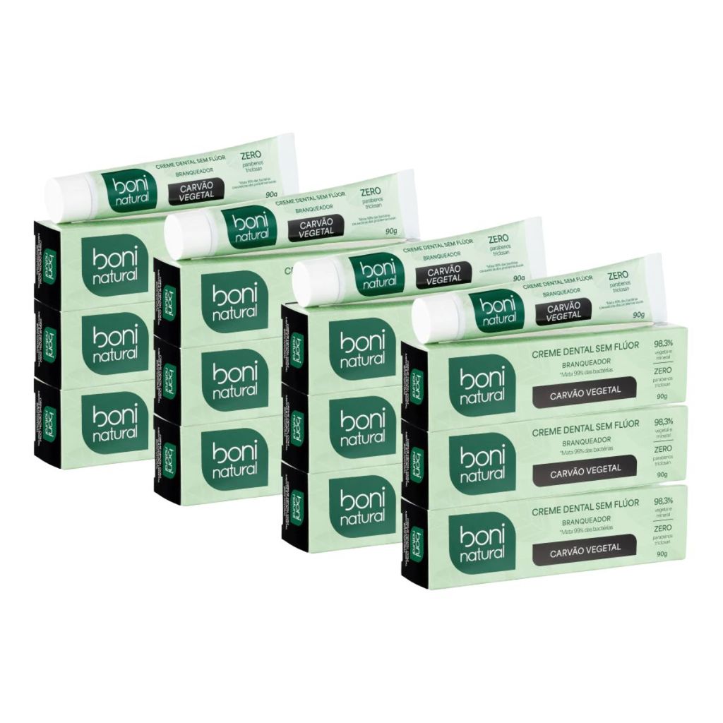 Kit 12 Creme Dental Boni Natural Menta e Carvão Vegetal 90g Boni Natural