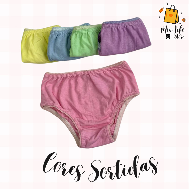 Kit 5-10 Calcinha infantil menina 100% algodão lisas sem estampas