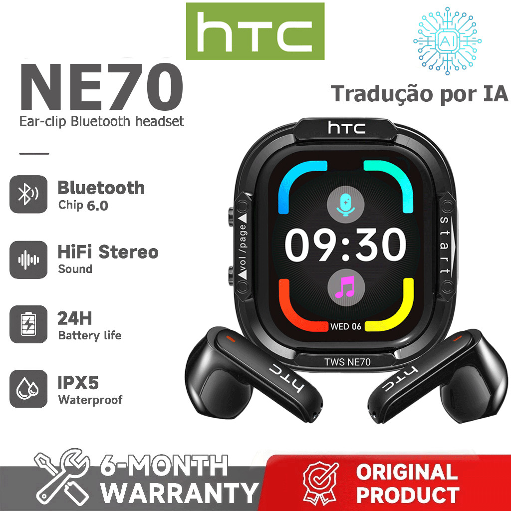 1 ano de garantia HTC NE70 AI Tradução Fone de ouvido Galvanoplastia Metal Headset Shell Tradução em tempo Real TWS Fone