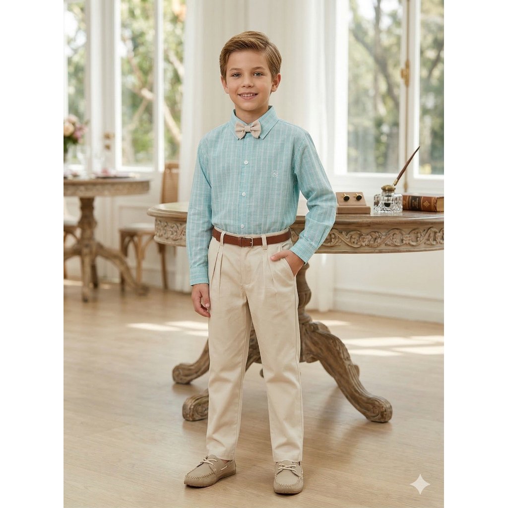 Conjunto Social Infantil Henrique – Verde e Bege com Gravata Borboleta