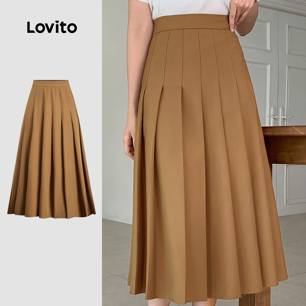 Lovito  Saias Elegantes Plissadas com Zíper para Primavera/verão Saias Khaki para Mulheres LBL33118 em Oferta na Shopee
